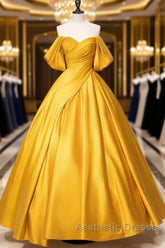 Yellow Off Shoulder Satin Long Evening Prom Dresses Quinceanera Dresses